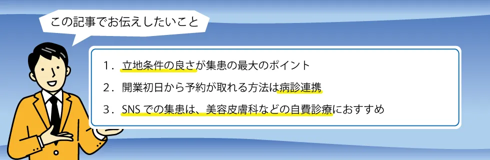 1.立地条件の良さが集患の最大のポイント。2.開業初日から予約が取れる方法は病診連携。3.SNSでの集患は、美容皮膚科などの自費診療におすすめ